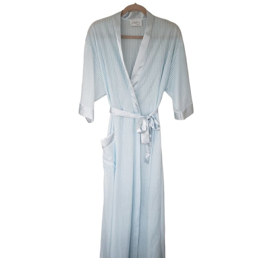 Vintage Pale Blue Belted Long Robe Sheer Striped Fabric
